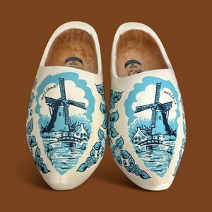 Vintage Dutch Wooden Clogs Holland Souvenir Shoes 23cm Sz 35 Windmill Blue Art